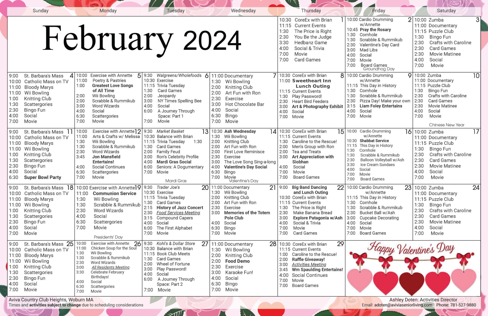 Aviva Country Club Heights Assisted Living February 2023 Event Calendar